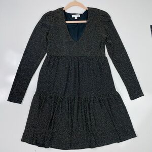 Socialite Metallic Long Sleeve V-Neck Babydoll Mini‎ Dress Size Large SX